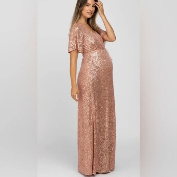 Pink Sequin Short Sleeve Maternity Maxi Dress - Picture 1 of 3